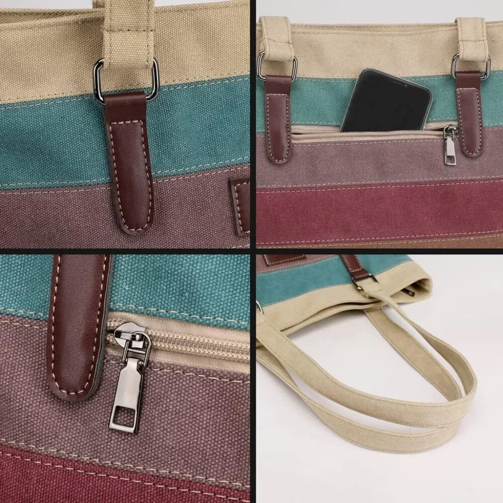 Canvas Handbag Multi-Color Striped Lattice Cross Body Shoulder Purse Bag Tote-Ha - Picture 5 of 6